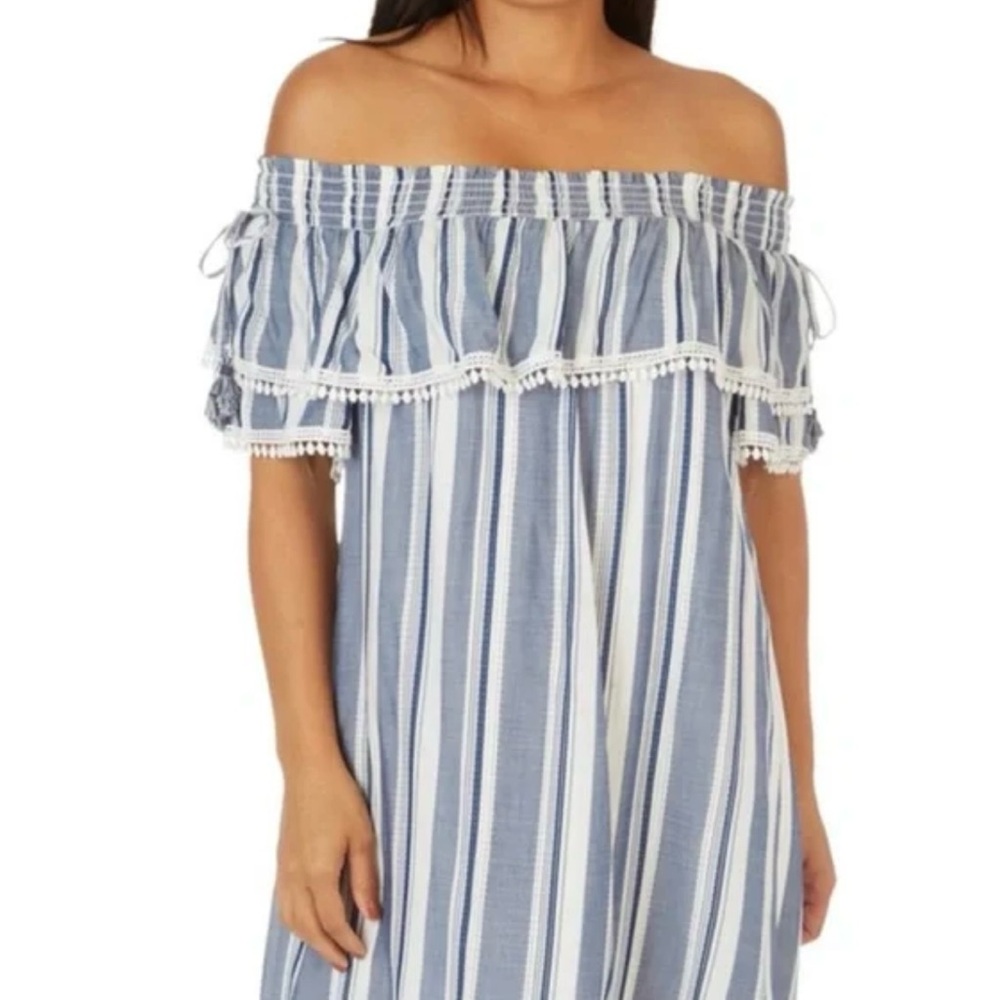 Luxology Striped Off The Shoulder Mini Dress Blue White Coastal Beachy Size 4